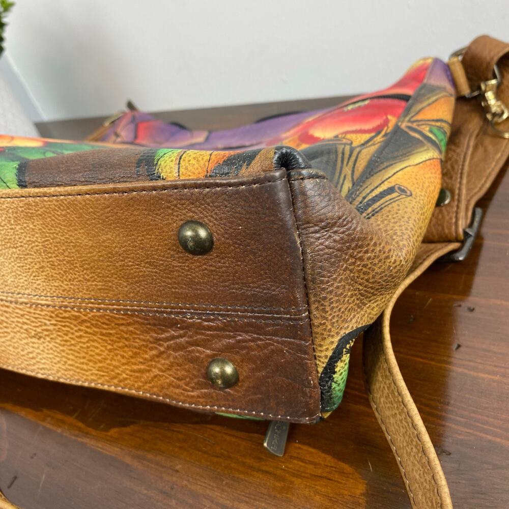 Anuschka Hand Painted Multi Pocket Hobo Leather Crossbody Bag Cat Floral Motif - Picture 14 of 14